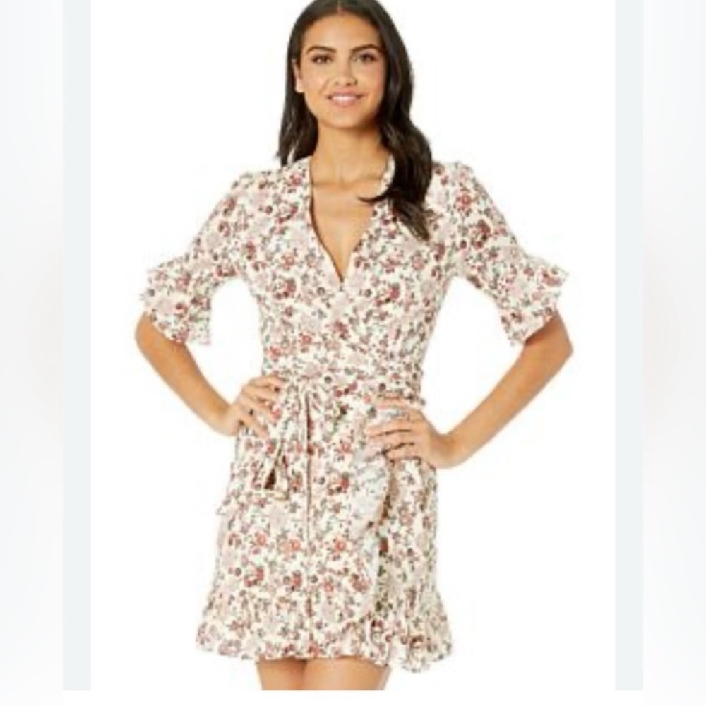 Wayf Floral Ruffle Mini Dress - Cream and Red